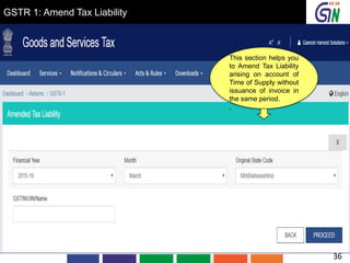 GSTR 1: Amend Tax Liability
This section helps you
to Amend Tax Liability
arising on account of
Time of Supply without
issuance of invoice in
the same period.
.
36
 