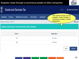 Supplies made through e-commerce portals of other companies
This section shows you the
supplies made through e-
commerce portals of other
companies.
39
 