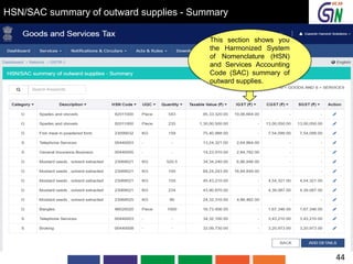 HSN/SAC summary of outward supplies - Summary
This section shows you
the Harmonized System
of Nomenclature (HSN)
and Services Accounting
Code (SAC) summary of
outward supplies.
44
 