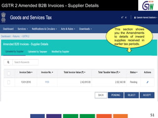 GSTR 2 Amended B2B Invoices - Supplier Details
This section shows
you the Amendments
to details of inward
supplies received in
earlier tax periods.
51
 
