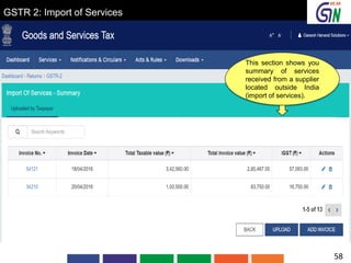 GSTR 2: Import of Services
This section shows you
summary of services
received from a supplier
located outside India
(import of services).
58
 
