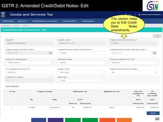 GSTR 2: Amended Credit/Debit Notes- Edit
This section helps
you to Edit Credit/
Debit Notes
amendments.
68
 