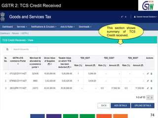 GSTR 2: TCS Credit Received
This section shows
summary of TCS
Credit received.
74
 