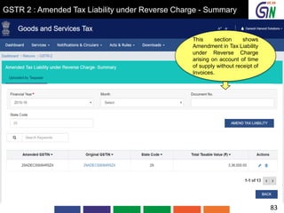 GSTR 2 : Amended Tax Liability under Reverse Charge - Summary
This section shows
Amendment in Tax Liability
under Reverse Charge
arising on account of time
of supply without receipt of
Invoices.
83
 