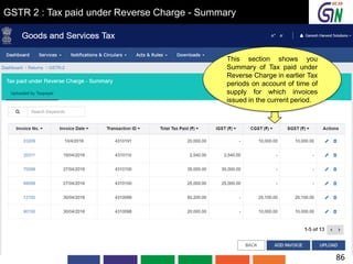 GSTR 2 : Tax paid under Reverse Charge - Summary
This section shows you
Summary of Tax paid under
Reverse Charge in earlier Tax
periods on account of time of
supply for which invoices
issued in the current period.
86
 