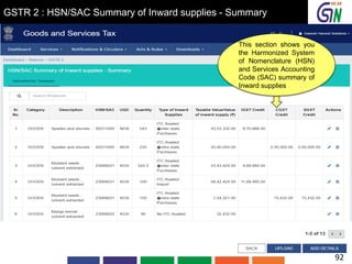 GSTR 2 : HSN/SAC Summary of Inward supplies - Summary
This section shows you
the Harmonized System
of Nomenclature (HSN)
and Services Accounting
Code (SAC) summary of
Inward supplies
92
 