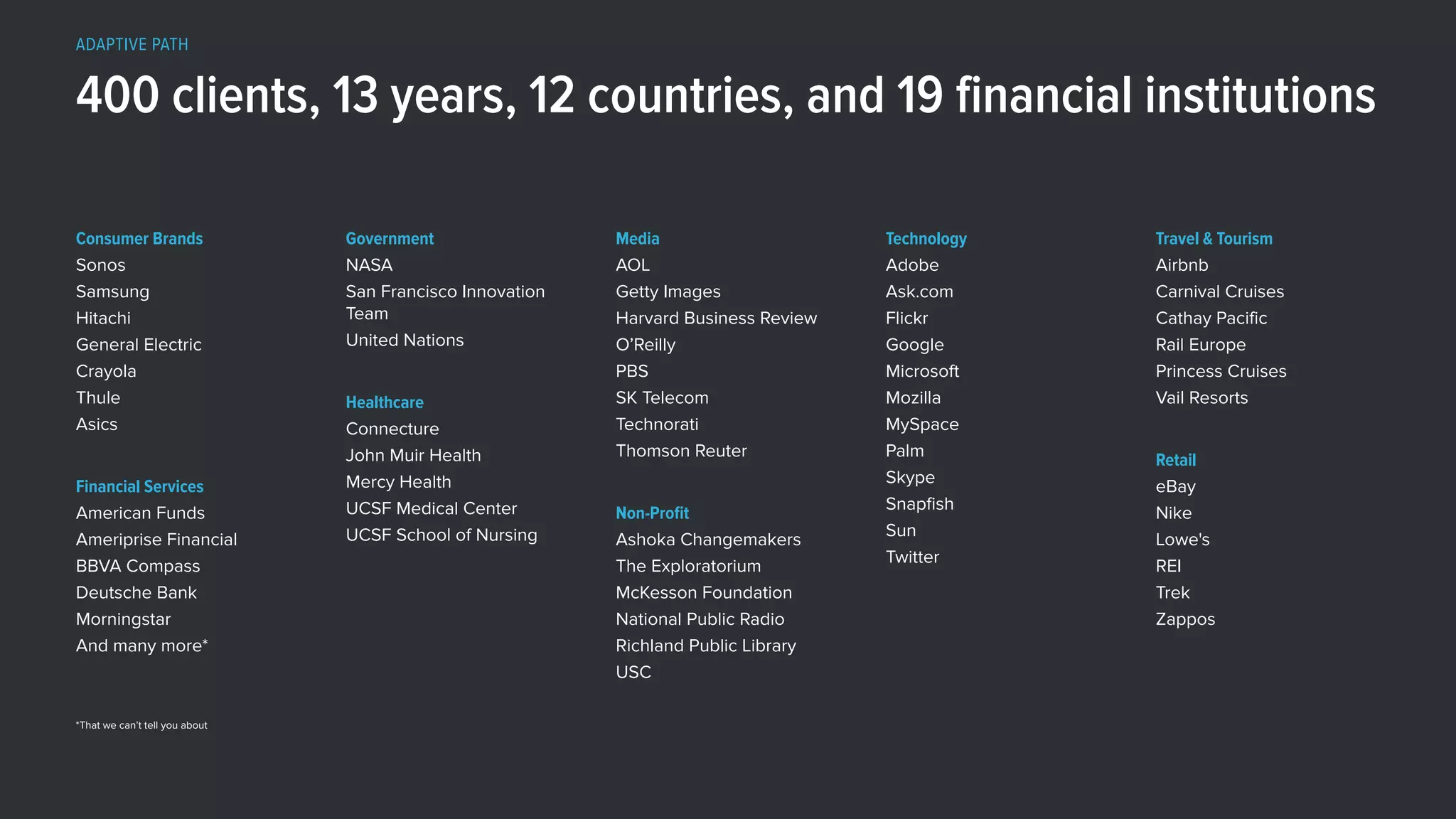 400 clients, 13 years, 12 countries, and 19 financial institutions
Consumer Brands
Sonos
Samsung
Hitachi
General Electric
Crayola
Thule
Asics
Financial Services
American Funds
Ameriprise Financial
BBVA Compass
Deutsche Bank
Morningstar
And many more*
Government
NASA
San Francisco Innovation
Team
United Nations
Healthcare
Connecture
John Muir Health
Mercy Health
UCSF Medical Center
UCSF School of Nursing
Media
AOL
Getty Images
Harvard Business Review
O’Reilly
PBS
SK Telecom
Technorati
Thomson Reuter
Non-Proﬁt
Ashoka Changemakers
The Exploratorium
McKesson Foundation
National Public Radio
Richland Public Library
USC
Technology
Adobe
Ask.com
Flickr
Google
Microsoft
Mozilla
MySpace
Palm
Skype
Snapfish
Sun
Twitter
Travel & Tourism
Airbnb
Carnival Cruises
Cathay Pacific
Rail Europe
Princess Cruises
Vail Resorts
Retail
eBay
Nike
Lowe's
REI
Trek
Zappos
*That we can’t tell you about
ADAPTIVE PATH
 