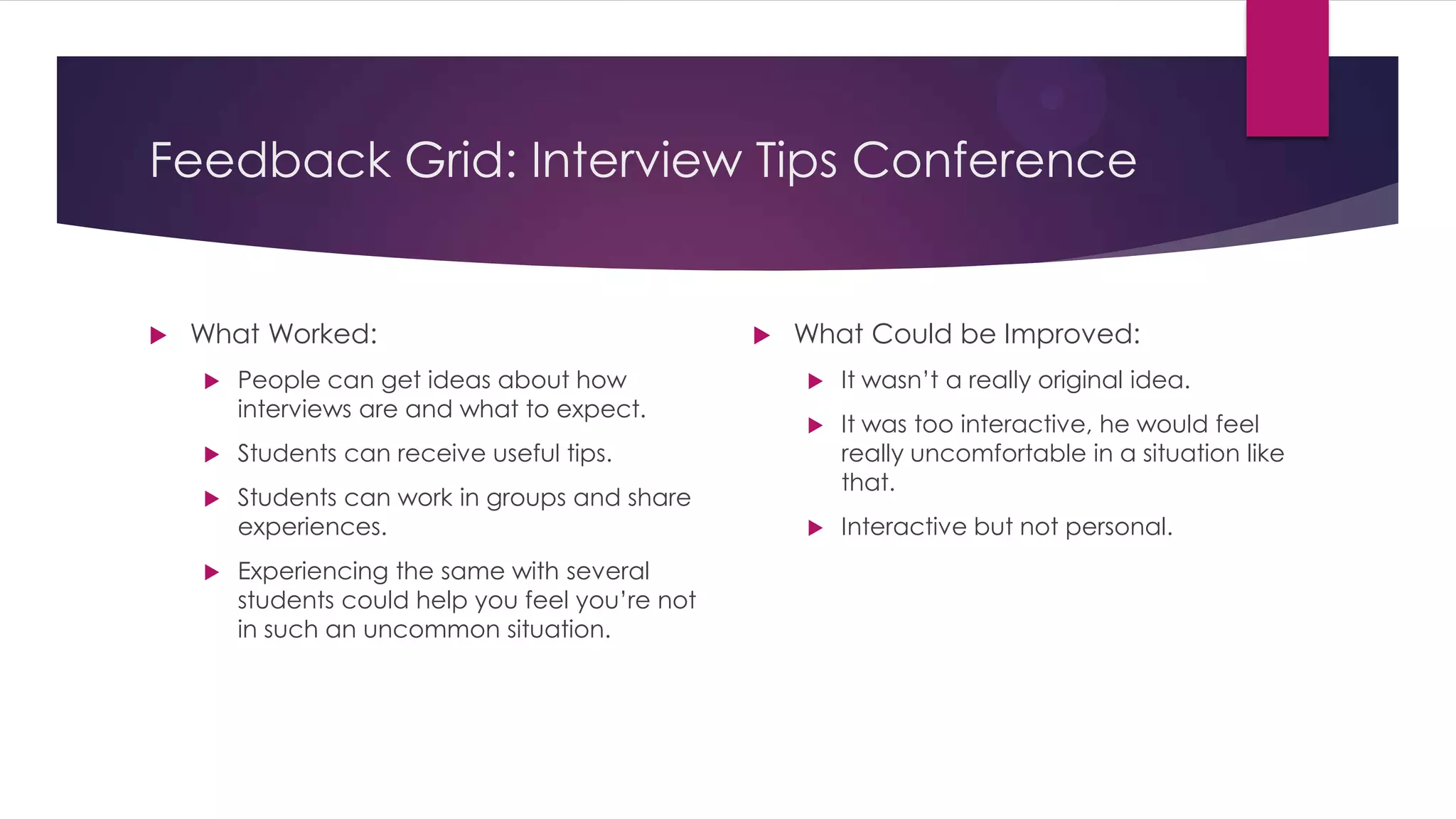 Feedback Grid: Interview Tips Conference
 What Worked:
 People can get ideas about how
interviews are and what to expect.
 Students can receive useful tips.
 Students can work in groups and share
experiences.
 Experiencing the same with several
students could help you feel you’re not
in such an uncommon situation.
 What Could be Improved:
 It wasn’t a really original idea.
 It was too interactive, he would feel
really uncomfortable in a situation like
that.
 Interactive but not personal.
 