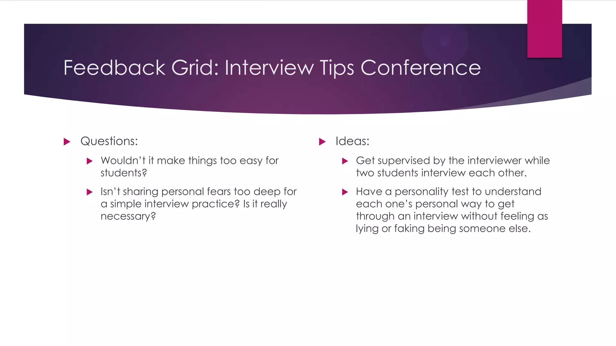 Feedback Grid: Interview Tips Conference
 Questions:
 Wouldn’t it make things too easy for
students?
 Isn’t sharing personal fears too deep for
a simple interview practice? Is it really
necessary?
 Ideas:
 Get supervised by the interviewer while
two students interview each other.
 Have a personality test to understand
each one’s personal way to get
through an interview without feeling as
lying or faking being someone else.
 