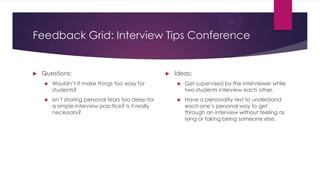 Feedback Grid: Interview Tips Conference
 Questions:
 Wouldn’t it make things too easy for
students?
 Isn’t sharing personal fears too deep for
a simple interview practice? Is it really
necessary?
 Ideas:
 Get supervised by the interviewer while
two students interview each other.
 Have a personality test to understand
each one’s personal way to get
through an interview without feeling as
lying or faking being someone else.
 