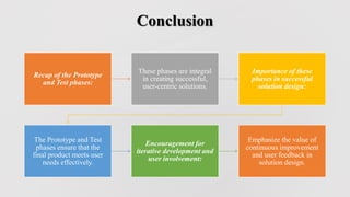 Conclusion
Recap of the Prototype
and Test phases:
These phases are integral
in creating successful,
user-centric solutions.
Importance of these
phases in successful
solution design:
The Prototype and Test
phases ensure that the
final product meets user
needs effectively.
Encouragement for
iterative development and
user involvement:
Emphasize the value of
continuous improvement
and user feedback in
solution design.
 