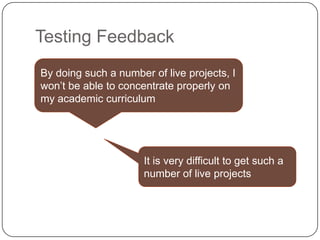 Testing Feedback
By doing such a number of live projects, I
won’t be able to concentrate properly on
my academic curriculum
It is very difficult to get such a
number of live projects
 