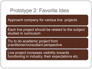 Prototype 2: Favorite Idea
Approach company for various live projects
Each live project should be related to the subject
studied in curriculum
Try to do academic project from
practitioner/consultant perspective
Live project increases visibility towards
functioning in industry, their expectations etc.
 