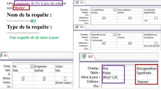 b)Pour augmenter de 5% le prix des robes de
type "Mariée".
Nom de la requête :
……………….…………
Type de la requête :
………………………………
R3
Une requête de de mise à jour
 