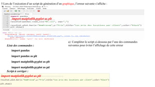 5 Lors de l’exécution d’un script de génération d’un graphique, l’erreur suivante s’affiche :
a) Compléter le script ci-dessous par l’une des commandes
suivantes pour éviter l’affichage de cette erreur
Liste des commandes :
import pandas
import pandas as plt
import matplotlib.pyplot as plt
import matplotlib.pyplot as pd
Script à corriger :
import matplotlib.pyplot as plt
import matplotlib.pyplot as plt
 