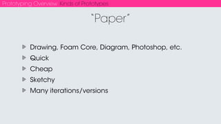 Prototyping Overview Kinds of Prototypes
Quick or Complicated
Sketchy or polished
Tells a story
Live action video + After Effects
Shows people, context, scenario, function, form
Demo impossible/costly technologies or situations
Video
 
