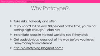 Prototyping Overview Why Prototype?
Explore a design space
Multiple iterations/variations
One or more of, but not all of:
Interaction
Form
Technology
Concepts
Content
A Form of Sketching
 