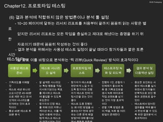 25/26 Prototyping


Chapter12. 프로토타입 테스팅

 (6) 결과 분석에 적합하지 않은 방법론이나 분석 툴 설정
     - 10~20 페이지에 달하는 리서치 리포트를 처음부터 끝까지 꼼꼼히 읽는 사람은 별
 로
      없지만 리서치 리포트는 모든 작업을 충실하고 제대로 해냈다는 증명을 하기 위
 한
    자료이기 때문에 꼼꼼히 작성하는 것이 좋다
  - 결과 분석을 위해서는 사용성 테스트 일정이 끝날 때마다 참가자들과 짧은 토론
시간
테스팅 Flow 이를 바탕으로 분석하는 ‘퀵 리뷰(Quick Review)’ 방식이 효과적이다
    을 갖고

  사용성 테스트          테스트 시나리          프로토타입 테          테스트과정 녹           결과 분석 및
     준비               오 설계             스트             화 및 피드백          다음액션 설정


- 기획의도를 이해할      - 잘 설계된 시나리오     - 참가자가 테스트를      - 진행자 1인, 관찰자 1   - 중요한 포인트는 사
  것                는 특정 행동을 직접      편안하게 느낄 수 있      인체제가 좋으며 녹        용자 테스트를 실시
- 테스트 세션 하나의       지시하기보다는 목표       도록 참가자와 진행       화 중 기록포인트발        하면서 참가자들이
  소요시간은 45~60분     를 제시하고 테스트       자가 테스트 전에 미      생시 녹화 테이프에        반복적으로 보인 행
  으로 제한 하고 대 여     에 몰입할 수 있도록      팅시간을 갖는 것이       직접 코멘트를 남기        동과 코멘트로 알수
  섯개의 시나리오를        유도한다             좋다               는 것이 가장 효과적       있다
  전개하는 것이 효과     - 참가자의 긴장 해소     - 테스트 도중 진행자       이다              - 테스트에서 얻어진
  적이다              를 위해 미리 커뮤니      는 왜 이런 방법을 사   - 관찰 기록 방법은 종       결과물을 벽에 붙여
- 통상 45분 테스트 후     케이션 하고, 이를 적     용하는지? 현재 생각      이,엑셀, 녹화 등 여러     서 한눈에 볼 수 있도
  30분 휴식           절히 사용해 자연스       하는 다른 문제 해결      방법이 존재한다          록 하면 결과분석 시
                   럽게 테스크 태스크       방법?에 대해 물어보                        효과적이다
 