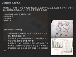 6/26 Prototyping


Chapter2. 프로세스

하나의 공식처럼 적용할 수 있는 ‘최고’의 프로토타이핑 프로세스는 존재하지 않는다
But. 대개의 프로세스는 4가지 요소를 포함하고 있다

 (1) 스케칭(화이트보드, 페이퍼, 코딩)
 (2) 공개평가
 (3) 모델링
 (4) 테스팅




 (1) 스케칭 Sketching

    - 머릿속의 아이디어를 최대한 알기 쉽게, 손에 잡힐 수
      있는 형태로 그리는 것
   - 질보다는 양으로 많은 수의 디자인 컨셉을 창출하고
      다음단계로 진행할 준비를 해야 함
   - 통상적으로 거칠고, 미완성이고, 직관적인 형태로 진행
   - 화이트보드나 html대신 종이로 스케칭 할 시 스케치의
     수정이 용이하며, 휴대성과 공동작업을 수행하기 용이
 하다
 