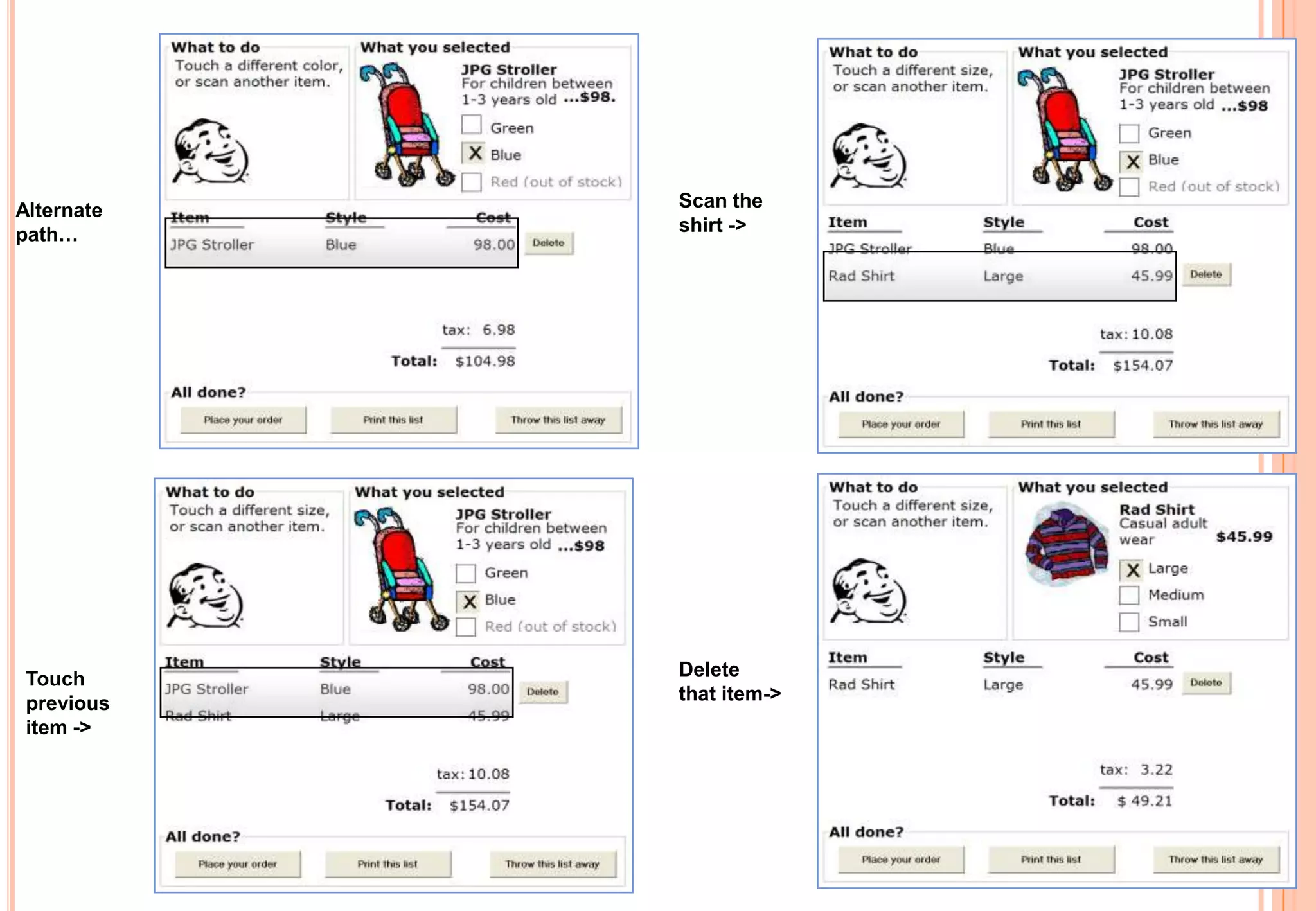 Scan the
shirt ->
Touch
previous
item ->
Delete
that item->
Alternate
path…
28
 