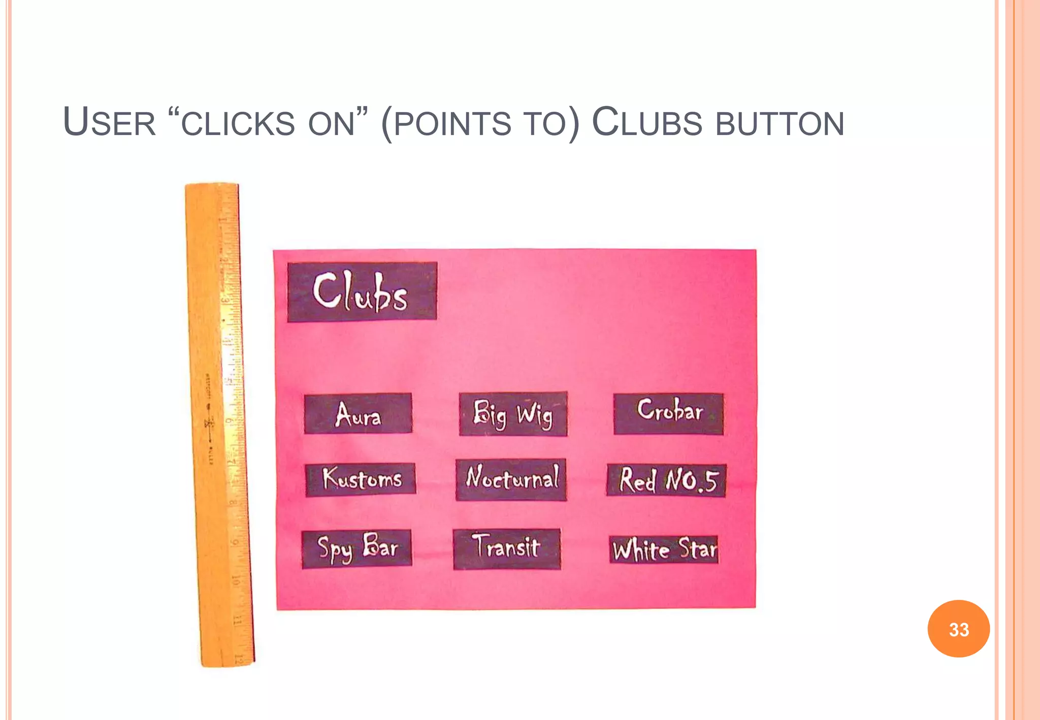USER “CLICKS ON” (POINTS TO) CLUBS BUTTON
33
 