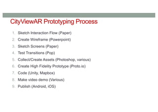 CityViewAR Prototyping Process
1. Sketch Interaction Flow (Paper)
2. Create Wireframe (Powerpoint)
3. Sketch Screens (Paper)
4. Test Transitions (Pop)
5. Collect/Create Assets (Photoshop, various)
6. Create High Fidelity Prototype (Proto.io)
7. Code (Unity, Mapbox)
8. Make video demo (Various)
9. Publish (Android, iOS)
 
