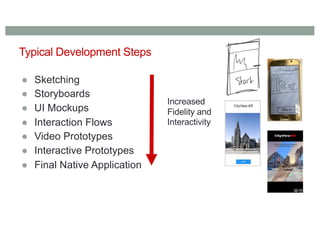 Typical Development Steps
● Sketching
● Storyboards
● UI Mockups
● Interaction Flows
● Video Prototypes
● Interactive Prototypes
● Final Native Application
Increased
Fidelity and
Interactivity
 