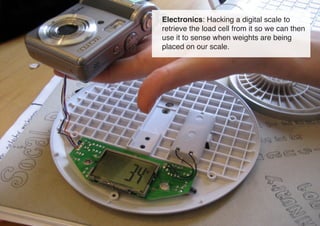 Electronics: Hacking a digital scale to
retrieve the load cell from it so we can then
use it to sense when weights are bei...