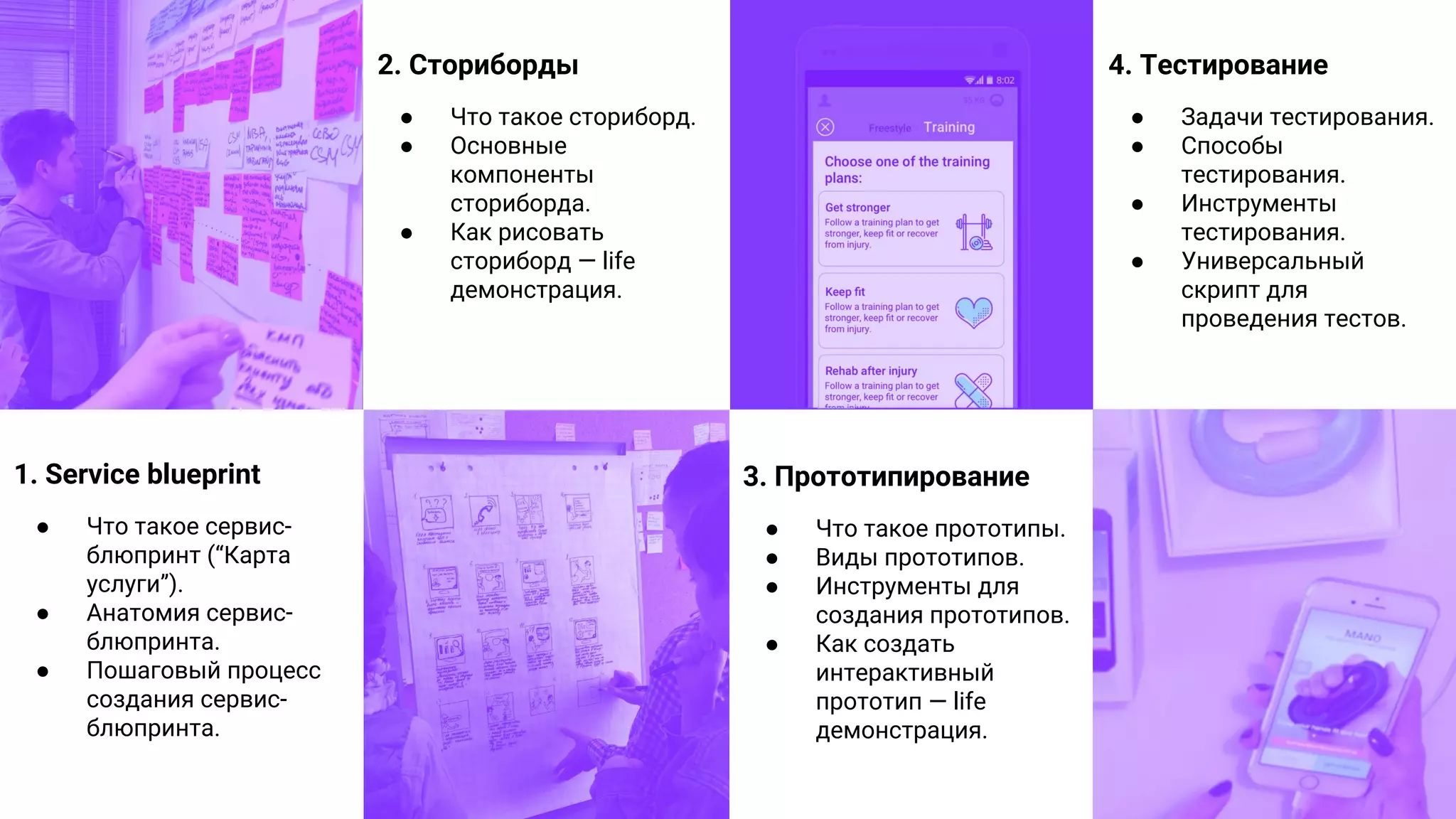 3. Прототипирование
● Что такое прототипы.
● Виды прототипов.
● Инструменты для
создания прототипов.
● Как создать
интерактивный
прототип — life
демонстрация.
4. Тестирование
● Задачи тестирования.
● Способы
тестирования.
● Инструменты
тестирования.
● Универсальный
скрипт для
проведения тестов.
2. Cториборды
● Что такое сториборд.
● Основные
компоненты
сториборда.
● Как рисовать
сториборд — life
демонстрация.
1. Service blueprint
● Что такое сервис-
блюпринт (“Карта
услуги”).
● Анатомия сервис-
блюпринта.
● Пошаговый процесс
создания сервис-
блюпринта.
 