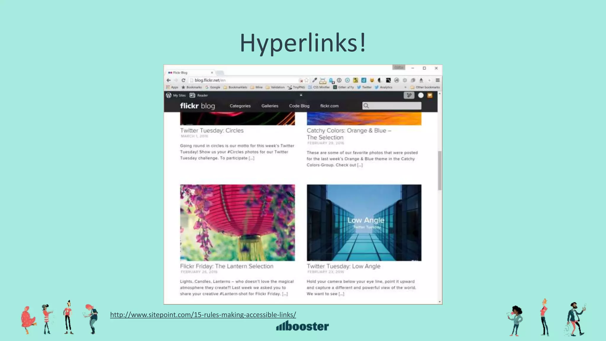 Hyperlinks!
http://www.sitepoint.com/15-rules-making-accessible-links/
 