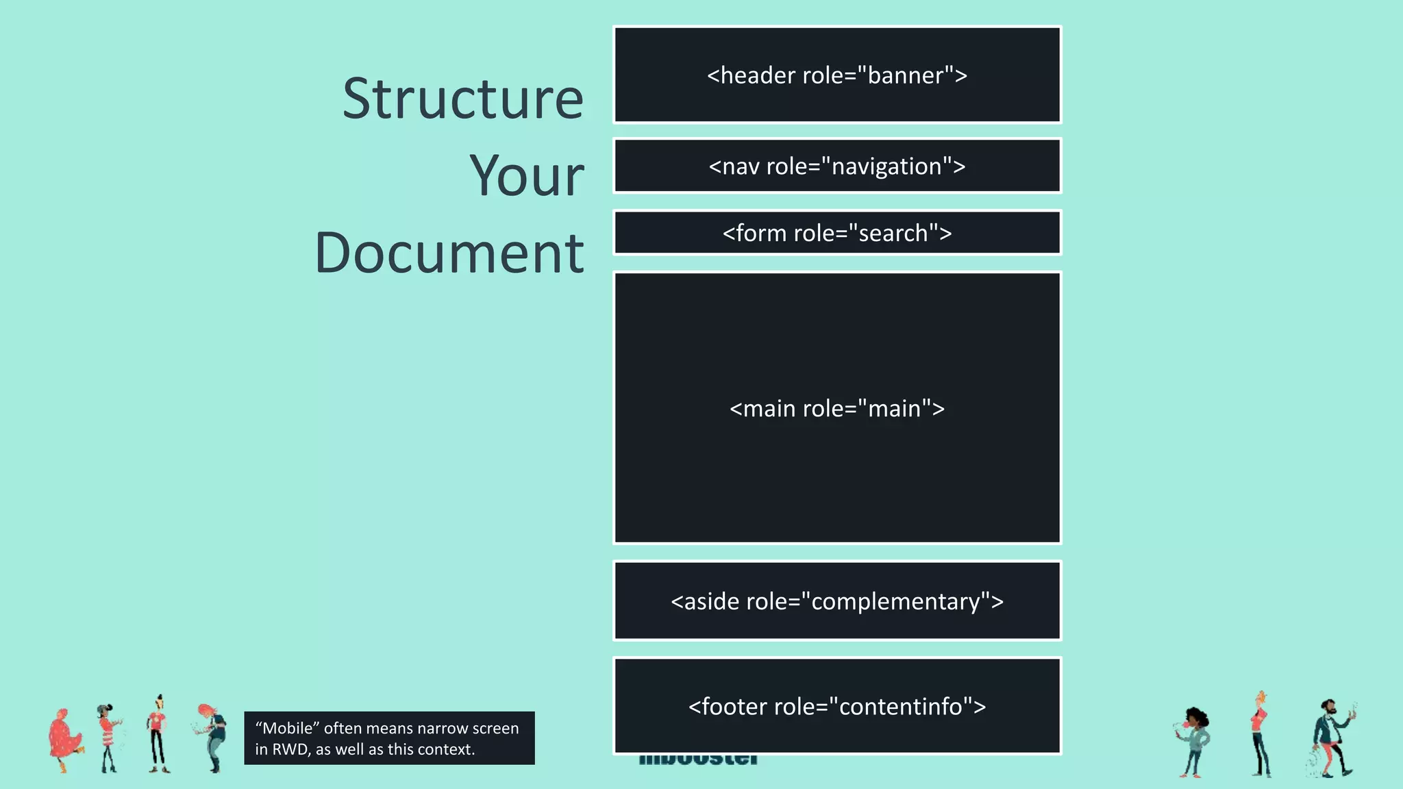 Structure
Your
Document
<header role="banner">
<nav role="navigation">
<aside role="complementary">
<form role="search">
<footer role="contentinfo">
<main role="main">
“Mobile” often means narrow screen
in RWD, as well as this context.
 