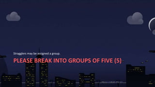 PLEASE BREAK INTO GROUPS OF FIVE (5)
Stragglers may be assigned a group.
 