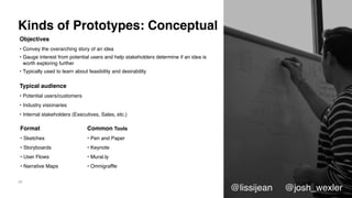22
Kinds of Prototypes: Conceptual
Objectives
• Convey the overarching story of an idea
• Gauge interest from potential us...