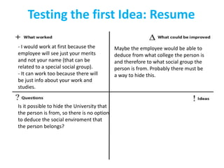 Testing the first Idea: Resume
- I would work at first because the
employee will see just your merits
and not your name (that can be
related to a special social group).
- It can work too because there will
be just info about your work and
studies.
Maybe the employee would be able to
deduce from what college the person is
and therefore to what social group the
person is from. Probably there must be
a way to hide this.
Is it possible to hide the University that
the person is from, so there is no option
to deduce the social enviroment that
the person belongs?
 