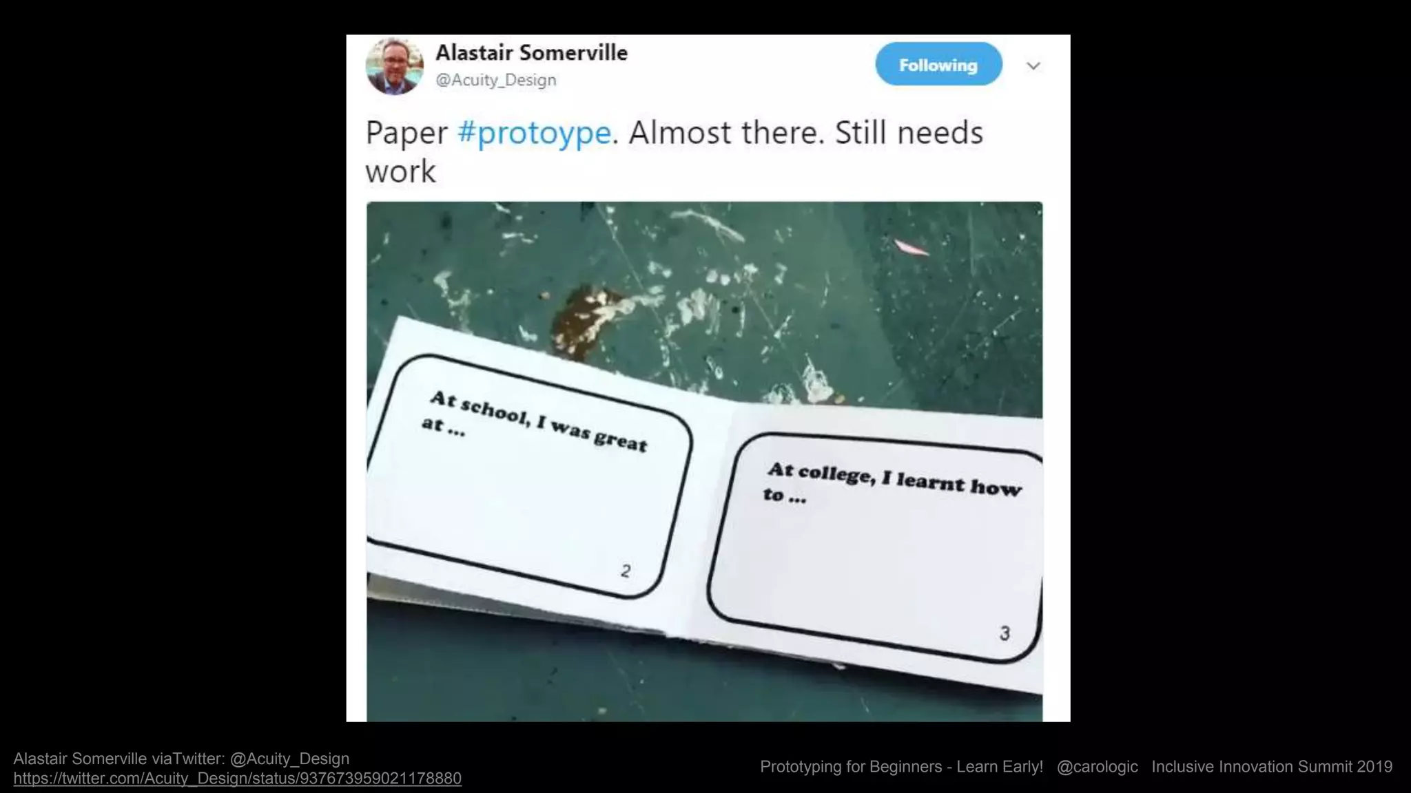 Prototyping for Beginners - Learn Early! @carologic Inclusive Innovation Summit 2019Alastair Somerville viaTwitter: @Acuity_Design
https://twitter.com/Acuity_Design/status/937673959021178880
 