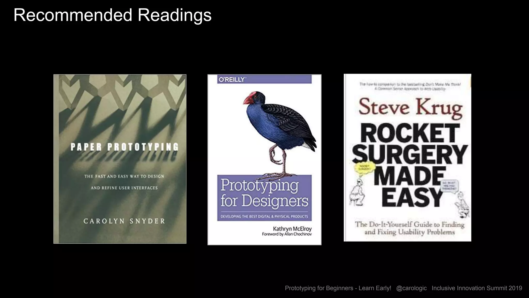 Prototyping for Beginners - Learn Early! @carologic Inclusive Innovation Summit 2019
Recommended Readings
 
