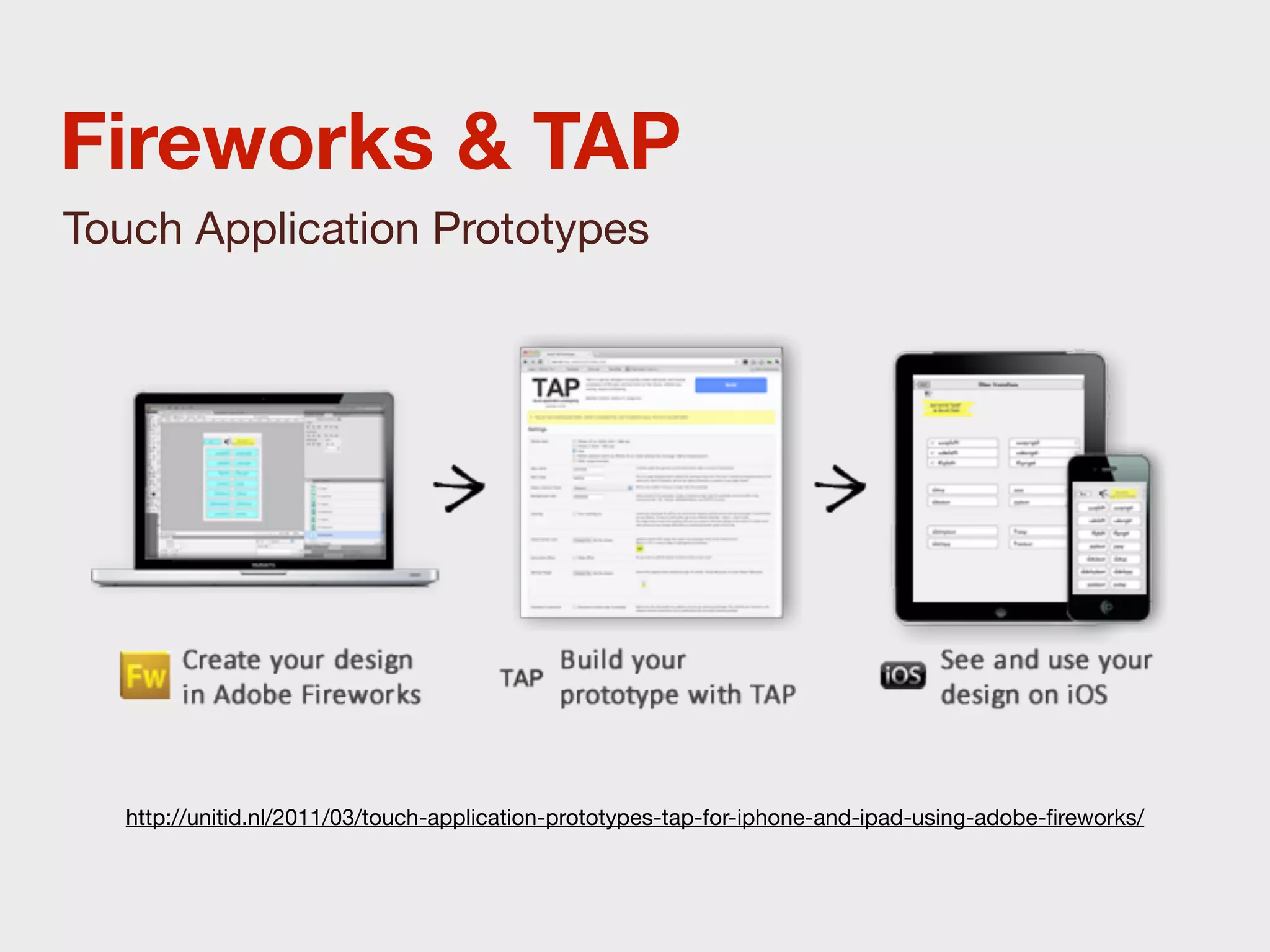 Fireworks & TAP
Touch Application Prototypes




  http://unitid.nl/2011/03/touch-application-prototypes-tap-for-iphone-and-ipad-using-adobe-ﬁreworks/
 