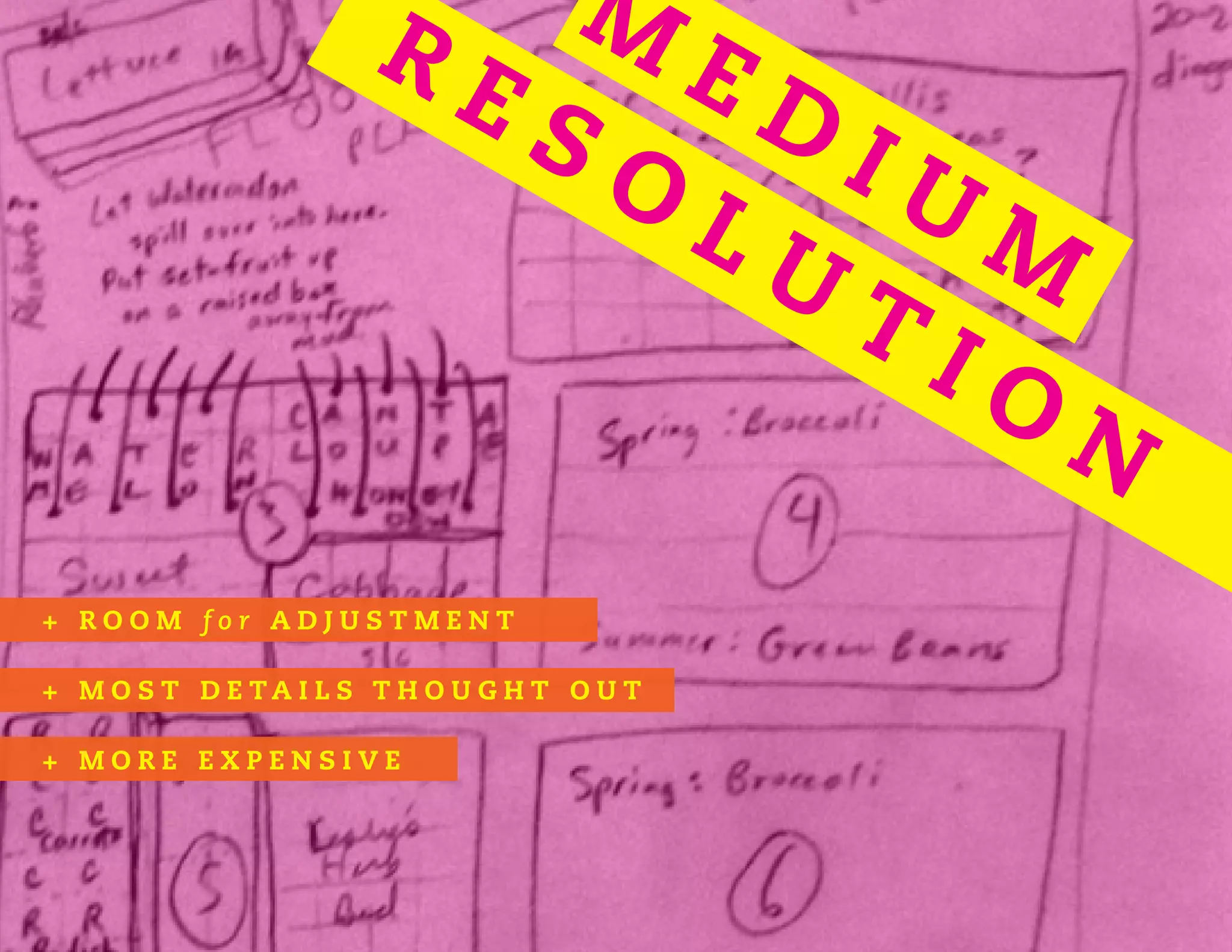 M
E D
I U
M
R E S O
L U
T I O
N
+ R O O M f o r A D J U S T M E N T
+ M O S T D E T A I L S T H O U G H T O U T
+ M O R E E X P E N S I V E
 