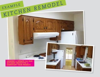 E X A M P L E
K I T C H E N R E M O D E L
LOOKING to UPDATE that OLD
KITCHEN? PROTOTYPE to
JUMPSTART YOUR PROJECT!
 