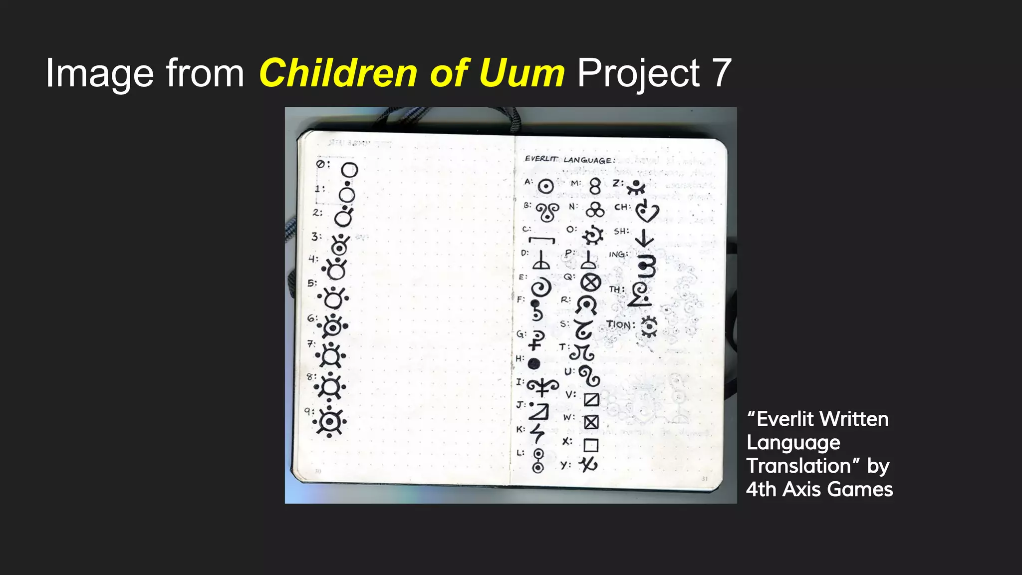 Image from Children of Uum Project 7
“Everlit Written
Language
Translation” by
4th Axis Games
 