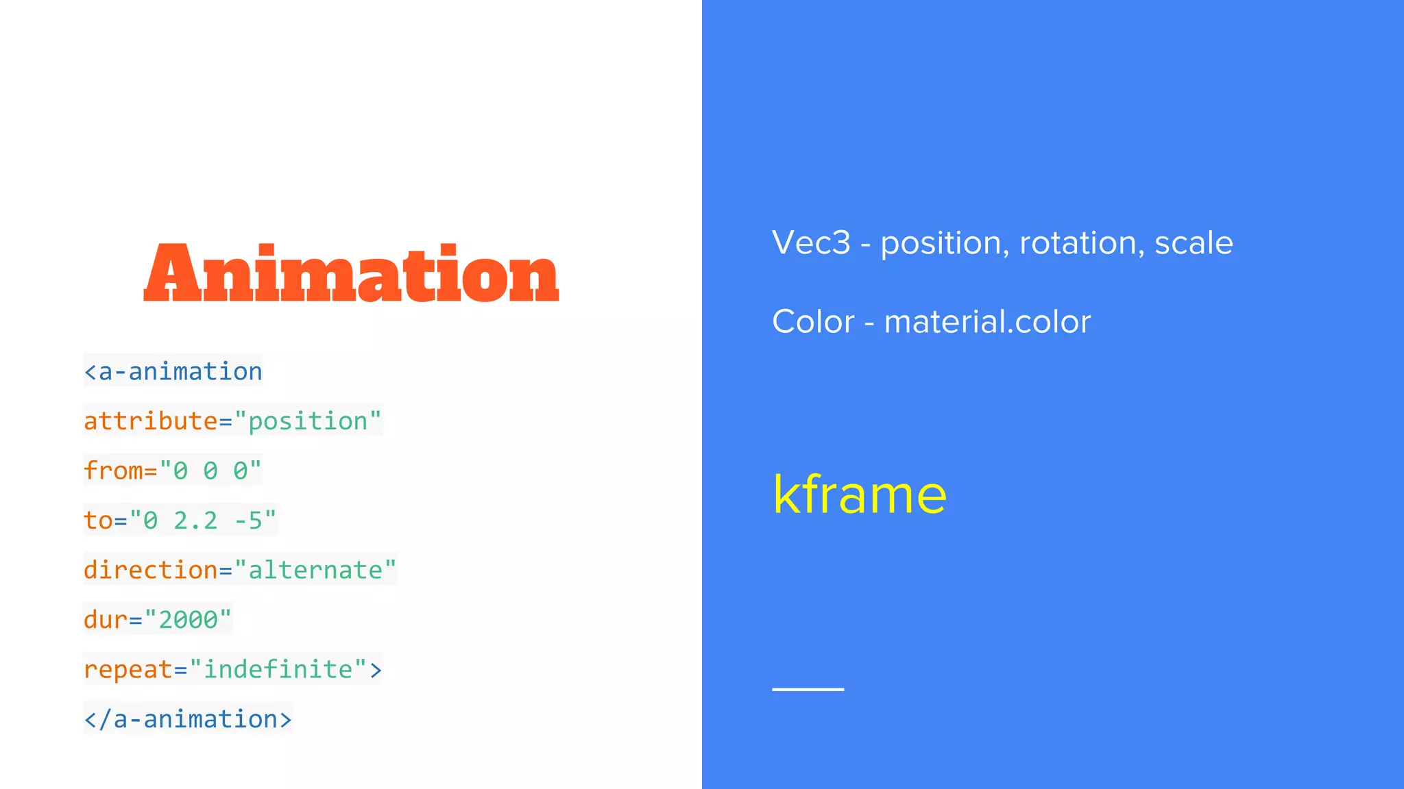 Animation
<a-animation
attribute="position"
from="0 0 0"
to="0 2.2 -5"
direction="alternate"
dur="2000"
repeat="indefinite">
</a-animation>
 