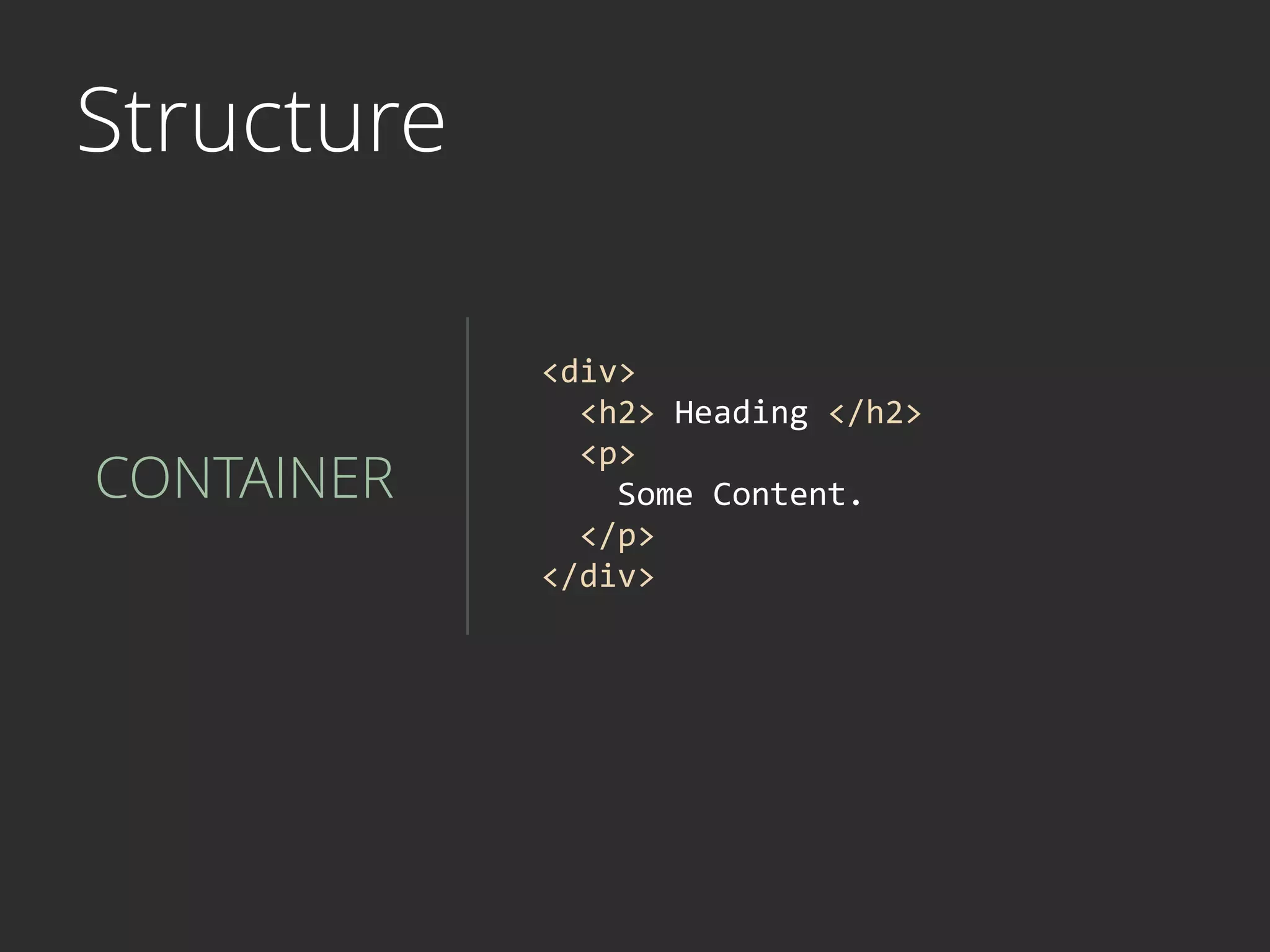 Structure
CONTAINER
<div>	
  	
  
	
  	
  <h2>	
  Heading	
  </h2>	
  
	
  	
  <p>	
  
	
  	
  	
  	
  Some	
  Content.	
  
	
  	
  </p>	
  
</div>
 