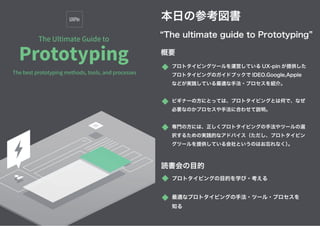 本日の参考図書
タスクが終わった後
・ユーザがどのタスクが難しいか分かる
・タスク（目的）ごとに異なった評価ができる
プロトタイピングの目的を学び・考える
最適なプロトタイピングの手法・ツール・プロセスを
知る
プロトタイピングツールを運営している UX-pin が提供した
プロトタイピングのガイドブックで IDEO.Google,Apple
などが実践している最適な手法・プロセスを紹介。
ビギナーの方にとっては、プロトタイピングとは何で、なぜ
必要なのかプロセスや手法に合わせて説明。
専門の方には、正しくプロトタイピングの手法やツールの選
択するための実践的なアドバイス（ただし、プロトタイピン
グツールを提供している会社というのはお忘れなく）。
読書会の目的
The ultimate guide to Prototyping
概要
 