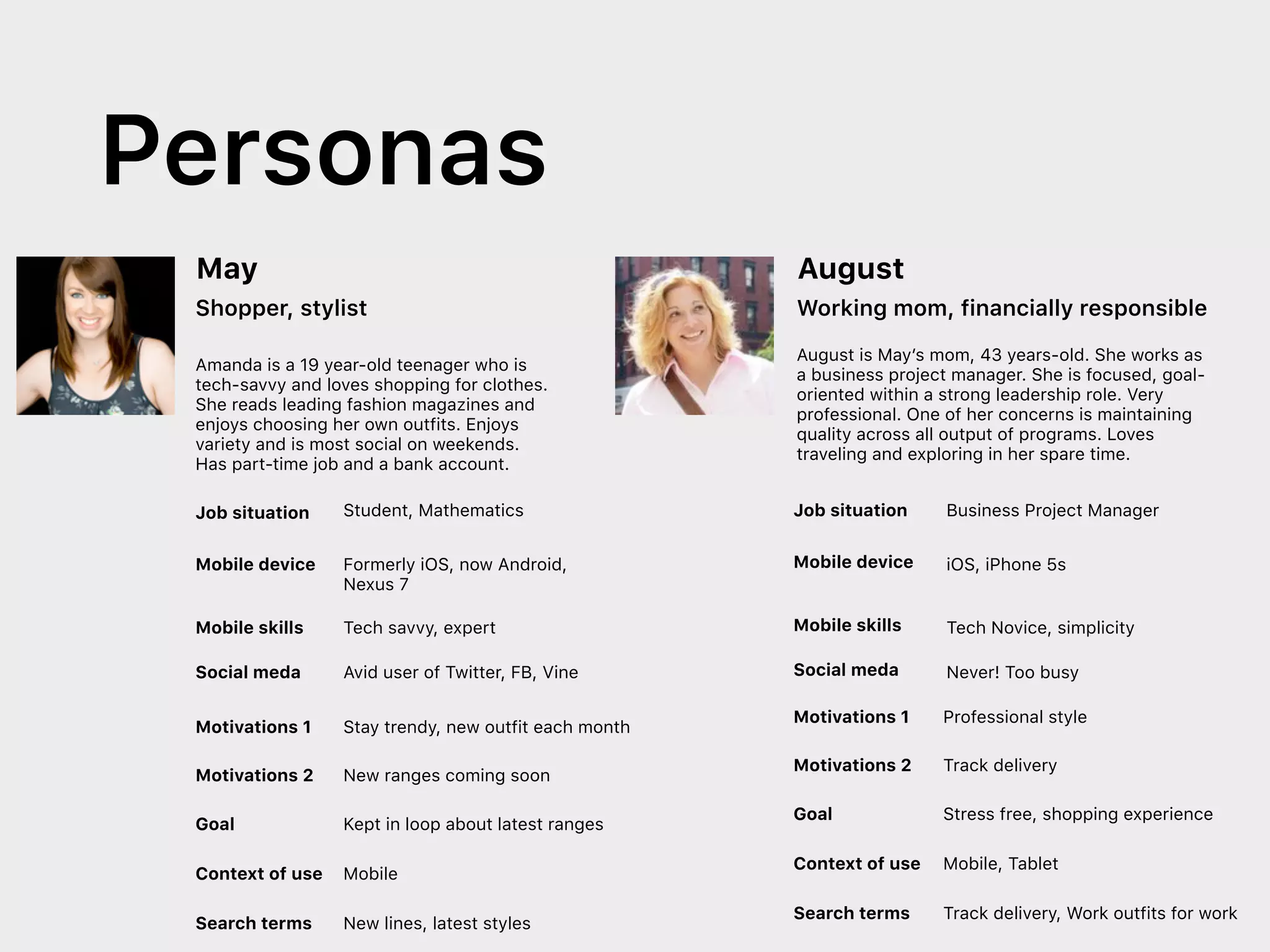 Personas
Working mom, financially responsible
August
iOS, iPhone 5s
Business Project Manager
Tech Novice, simplicity
Never! Too busy
August is May’s mom, 43 years-old. She works as
a business project manager. She is focused, goal-
oriented within a strong leadership role. Very
professional. One of her concerns is maintaining
quality across all output of programs. Loves
traveling and exploring in her spare time.
Job situation
Mobile device
Mobile skills
Social meda
Motivations 1 Professional style
Motivations 2 Track delivery
Goal Stress free, shopping experience
Context of use Mobile, Tablet
Search terms Track delivery, Work outfits for work
May
Shopper, stylist
Job situation
Mobile device
Mobile skills
Social meda
Student, Mathematics
Formerly iOS, now Android,
Nexus 7
Tech savvy, expert
Avid user of Twitter, FB, Vine
Amanda is a 19 year-old teenager who is
tech-savvy and loves shopping for clothes.
She reads leading fashion magazines and
enjoys choosing her own outfits. Enjoys
variety and is most social on weekends.
Has part-time job and a bank account.
Motivations 1 Stay trendy, new outfit each month
Motivations 2 New ranges coming soon
Goal Kept in loop about latest ranges
Context of use Mobile
Search terms New lines, latest styles
 