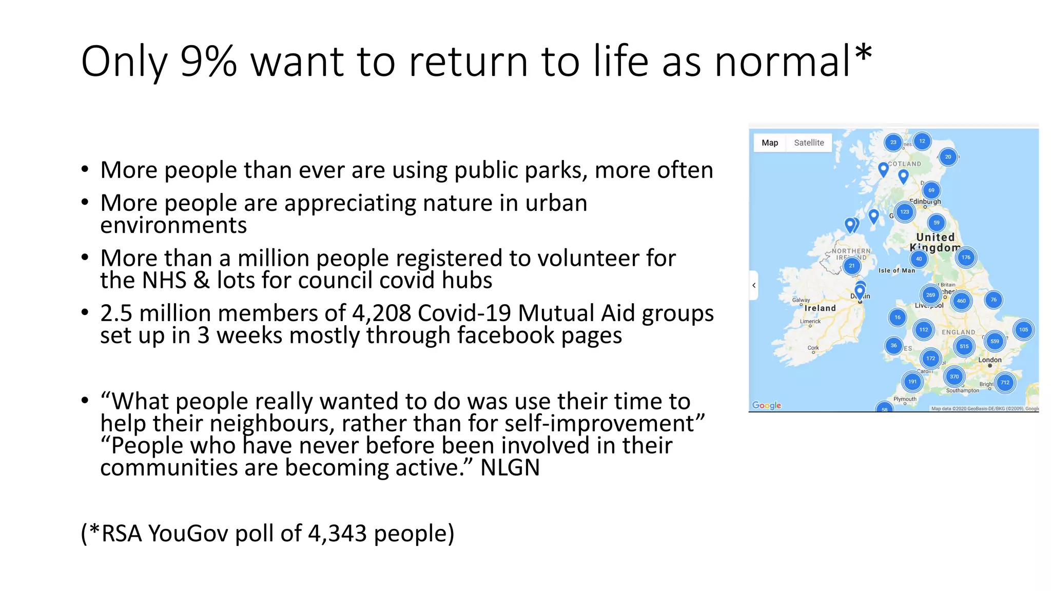 Only 9% want to return to life as normal*
• More people than ever are using public parks, more often
• More people are appreciating nature in urban
environments
• More than a million people registered to volunteer for
the NHS & lots for council covid hubs
• 2.5 million members of 4,208 Covid-19 Mutual Aid groups
set up in 3 weeks mostly through facebook pages
• “What people really wanted to do was use their time to
help their neighbours, rather than for self-improvement”
“People who have never before been involved in their
communities are becoming active.” NLGN
(*RSA YouGov poll of 4,343 people)
 