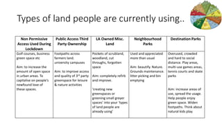 Types of land people are currently using..
Non Permissive
Access Used During
Lockdown
Public Access Third
Party Ownership
LA Owned Misc.
Land
Neighbourhood
Parks
Destination Parks
Golf courses, business
green space etc
Aim: to increase the
amount of open space
in urban areas. To
capitalise on people’s
newfound love of
these spaces.
Footpaths across
farmers land.
university campuses
Aim: to improve access
and quality of 3rd party
greenspace for leisure
& nature activities
Pockets of scrubland,
woodland, cut
throughs, forgotten
space
Aim: completely refirb
and improve.
‘creating new
greenspaces or
greening small greyer
spaces’ into your ‘types
of land people are
already using’
Used and appreciated
more than usual
Aim: beautify. Nature.
Grounds maintenance.
litter picking and bin
emptying
Overused, crowded
and hard to social
distance. Play areas,
multi-use games areas,
tennis courts and skate
parks
Aim: increase areas of
use, spread the usage.
Help people enjoy
green space. Widen
footpaths. Think about
natural kids play.
 