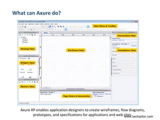 Engaging Your Customers Online  Axure RP enables application designers to create wireframes, flow diagrams, prototypes, and specifications for applications and web sites  What can Axure do? 