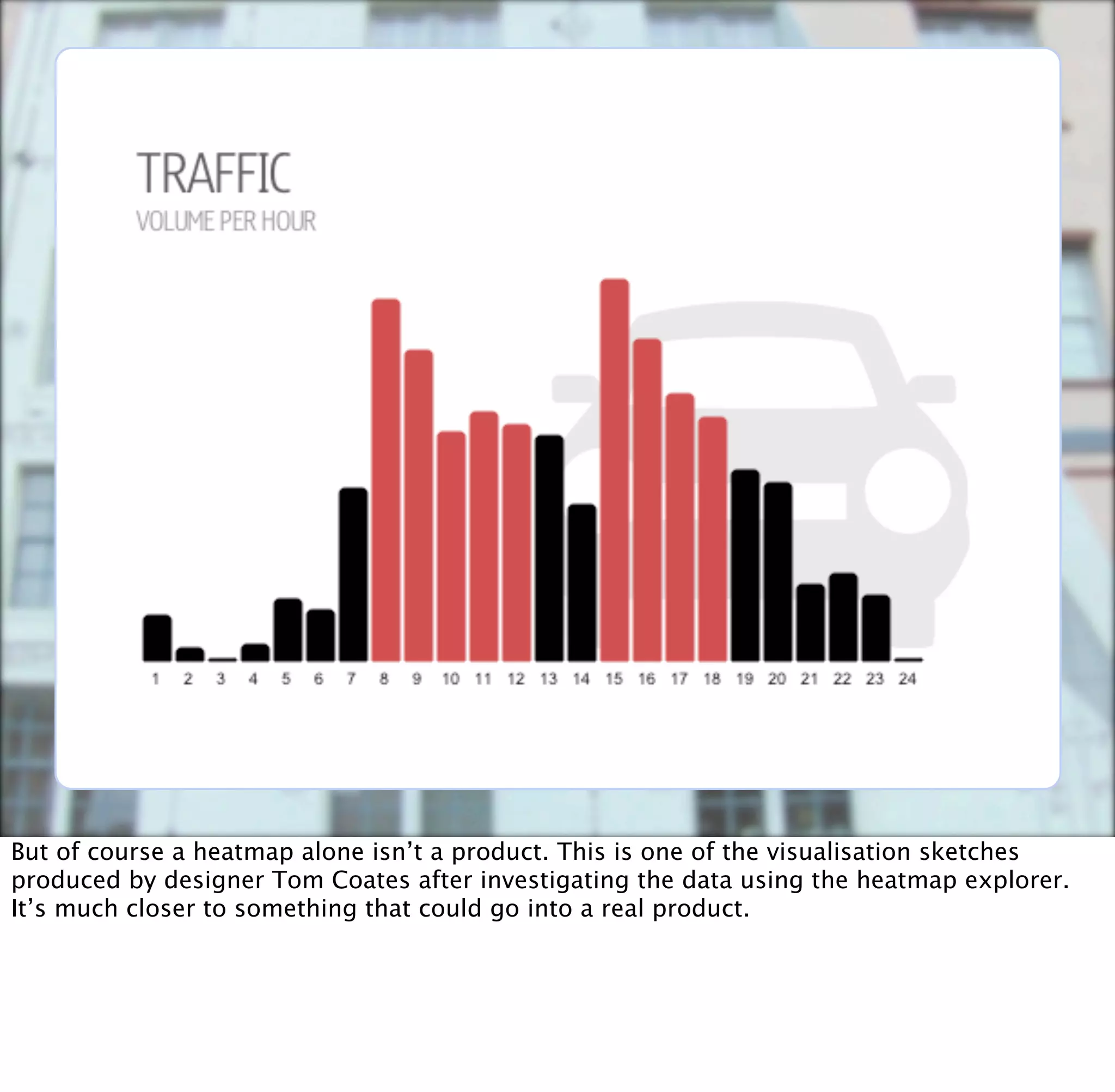 But of course a heatmap alone isn’t a product. This is one of the visualisation sketches
produced by designer Tom Coates after investigating the data using the heatmap explorer.
It’s much closer to something that could go into a real product.
 