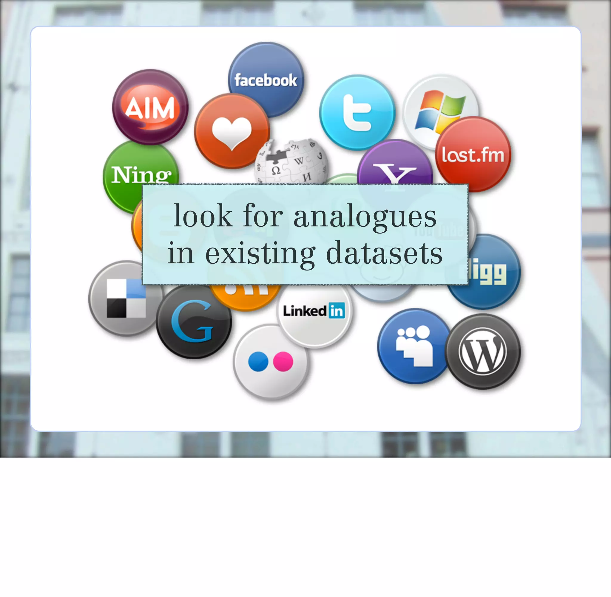look for analogues
in existing datasets
 