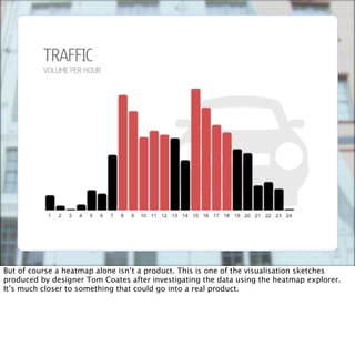 But of course a heatmap alone isn’t a product. This is one of the visualisation sketches
produced by designer Tom Coates after investigating the data using the heatmap explorer.
It’s much closer to something that could go into a real product.
 